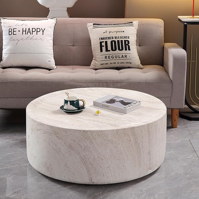 WILLIAMSPACE 31.5" Round Coffee Table in Faux Marble, Modern Circle Faux Stone Center Table Travertine Drum Tea Table for Living Room, Outdoor, Magnesium Oxide, Light Beige