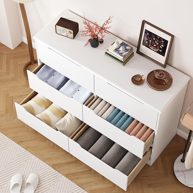 Gizoon 6 Drawer Double Dresser for Bedroom with Anti-Tip Design, Modern Wide Wooden Chest of Drawers with Cut-Out Handles, Closet Storage Organizer and TV Stand for Living Room, Hallway, Entryway