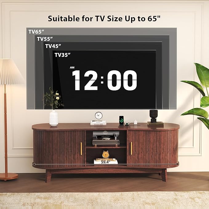 Mid Century Modern TV Stand for 65 Inch TVs, Fluted TV Stands with Open Shelves and Sliding Door, Media Cabinet with Power Outlet, Entertainment Center with Storage for Living Room, Red Brown