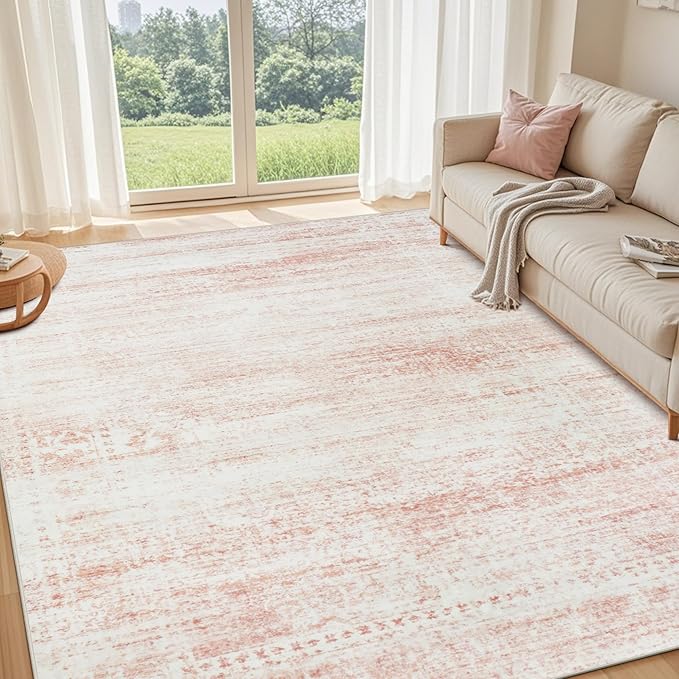 Srugn Washable Rugs 5x7 Area Rugs for Living Room,Bedroom,Dining Room- Ultra Soft Faux Wool Nursery Rug for Baby Girl,Neutral Light Pink Low Pile Vintage Carpets for Dorm Kids Playroom,Non Slip
