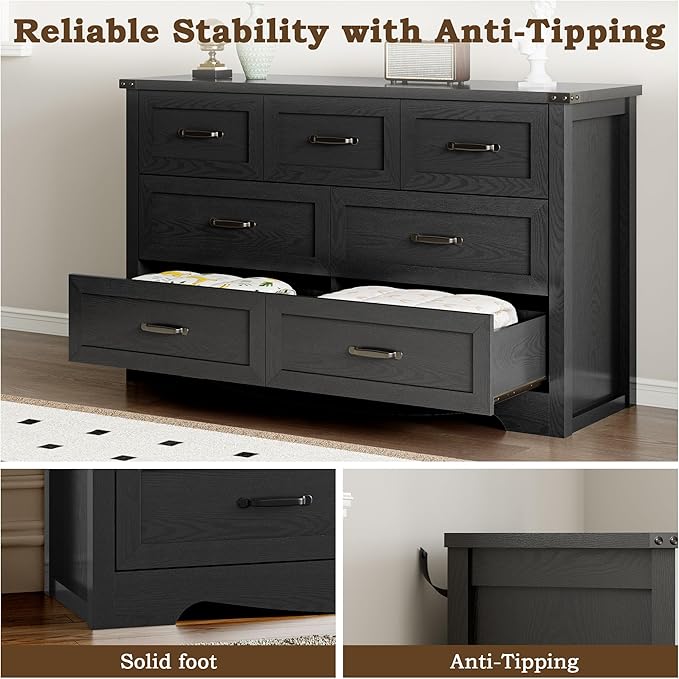BORNOON 7-Drawer Dresser for Bedroom, Modern Wooden Chest of Drawers with Metal Handles, Anti-Tipping Design, Sturdy and Stable Storage Organizer for Living Room, Entryway, Home Office