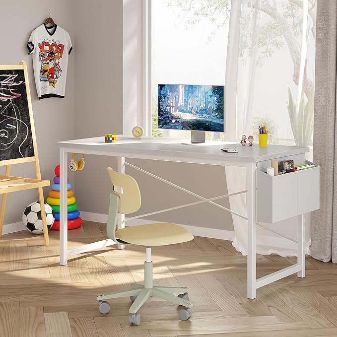 OLIXIS Computer Desk 55 Inch Home Office Desks for Small Spaces, Gaming Writing Study Work Table with Storage Bag and Headphone Hook for Bedroom, White