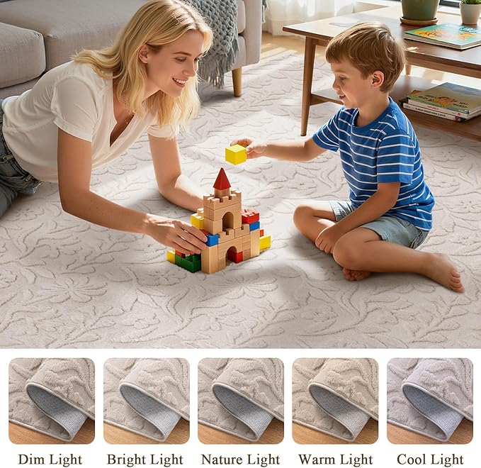 Vaukki 5x7 Area Rug for Living Room, Soft Fluffy Washable Modern Floral Indoor Floor Mat, Non Slip Shaggy Boho Accent Throw Carpet for Bedroom, Living Room, Nursery and Dining Room, Beige