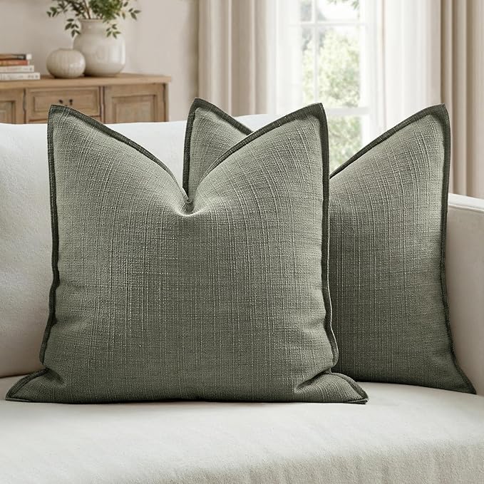 MIULEE Euro Sham Pillow Covers for Bed 24x24, 2 Pack Olive Green Thick & Textured Decorative Throw Pillow Covers, Neutral Linen Cushion Cases, Modern Farmhouse Home Decor, No Filling
