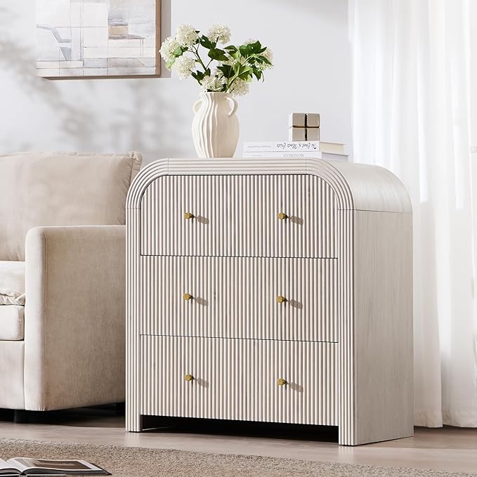 T4TREAM Fluted Dresser with 3 Drawers, 32" Tall Modern Chest of Drawers with Thickened Curved Profile Design, Wood Closet Clothes Storage Organizer for Bedroom, Living Room, Hallway, Alder White
