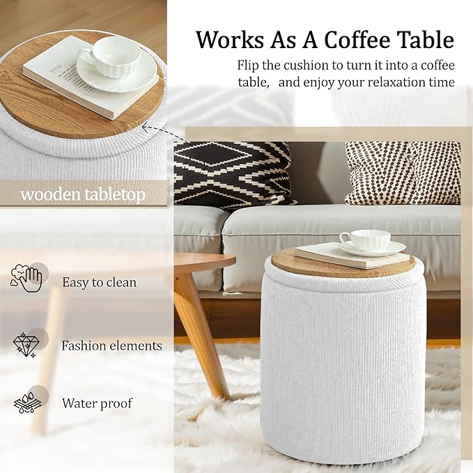 YSICK Round Ottoman with Storage, Set of 2, Small Vanity Stool as Vanity Chair, Corduroy Ottoman Foot Rest for Small Space, Living Room, Bedroom, White