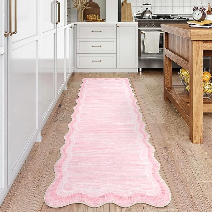Garvee Washable Runner Rug 2x6 Scalloped Rugs for Bathroom Modern Kitchen Hallway Rugs Stain-Resistant Non-Slip Solid Rug Soft Scalloped Entryway Carpet Runner for Bathroom Laundry Bedside(Pink,2x6ft)