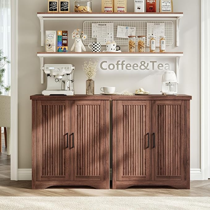 Memobarco Fluted Buffet Cabinet with Storage Accent Sideboard,Modern Credenza with 2 Doors & Adjustable Shelves,Wood Coffee Bar Table Console for Dining Room Kitchen Living Room Entryway, Walnut