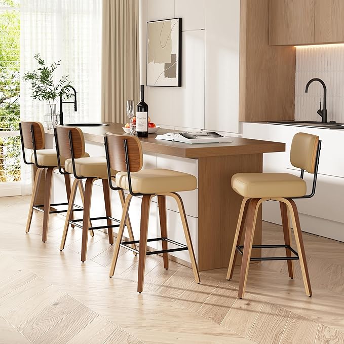Swivel Bar Stools Set of 4, 26" Upholstered Faux Leather Counter Height Barstools with Walnut Back & Bentwood Legs, Mid Century Modern Bar Chairs Island Stools for Kitchen Counter, Khaki