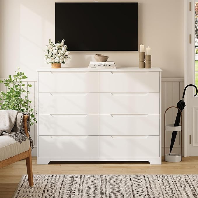 Gizoon 8 Drawer Dresser, 47" Wide White Dresser for Bedroom with Cut-Out Handles, Modern Wooden Chest of Drawers with Anti-Tip Kit, for Living Room, Hallway, Entryway, Home Office