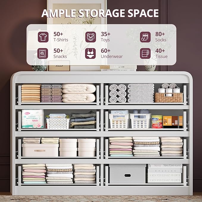 FURSUN Fluted 8 Drawers Dresser for Bedroom, 55" Wide Wooden Dresser with Metal Handle, Curved Profile Design, Modern Storage Organizer for Bedroom, Living Room, Hallway, White