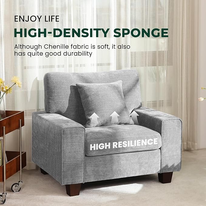 DOPEDIO Modern Living Room Sofa Set, 71.25" Chenille Loveseat with 2 Accent Chairs, Removable Covers, Spring Cushions, Solid Wood Frame, Easy Assembly（71.25inch+2 Single,Light Gray）