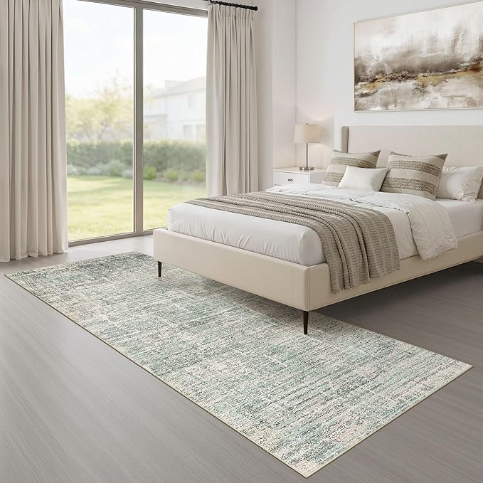 Runner Rug Non-Slip Kitchen Rug: 2x6 Washable Abstract Modern Soft Stain Resistant Indoor Floor Neutral Accent Throw Carpet for Hallway Bathroom Laundry Room Bedroom Entryway- Green
