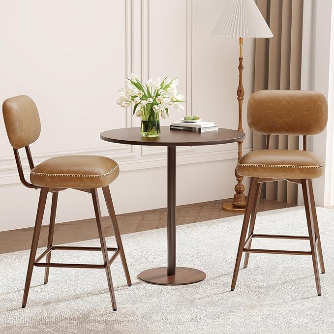 MALOL 26“ Swivel Bar Stools Set of 4, Mid Century PU Leather Counter Height Bar Chairs with Low Back and Metal Legs, Modern Bar Stool Chair for Kitchen Island, Brown