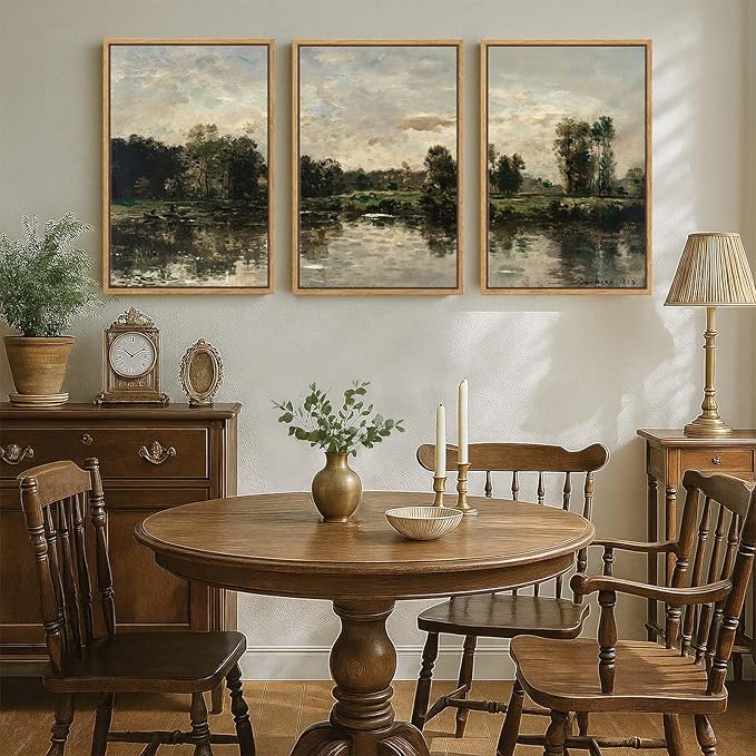 Framed Vintage Landscape Wall Art for Living Room, 3 Piece Rustic Lake Forest Canvas Artwork for Walls, Large Classic Nature Scenic Painting Prints for Bedroom Office Hallway Wall Decor, 20x30 Inch