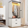 Farmhouse 2 Doors Armoire Wardrobe Closet w/Folding Sliding Barn Door and Lights, LED Armoire Closet w/Drawers for Bedroom, Freestanding Wooden Wardrobe Storage Closets w/Hanging Rod,Antique White