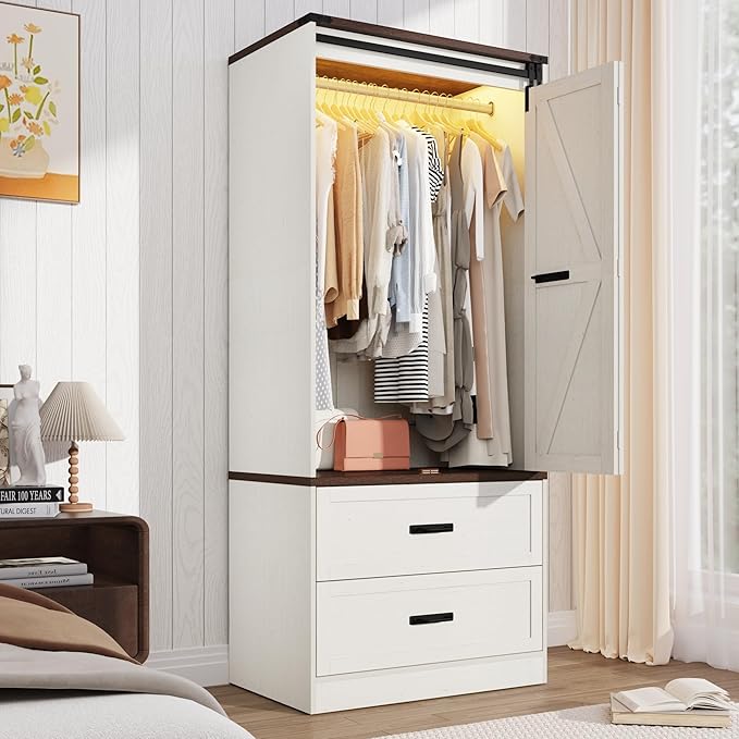 Farmhouse 2 Doors Armoire Wardrobe Closet w/Folding Sliding Barn Door and Lights, LED Armoire Closet w/Drawers for Bedroom, Freestanding Wooden Wardrobe Storage Closets w/Hanging Rod,Antique White
