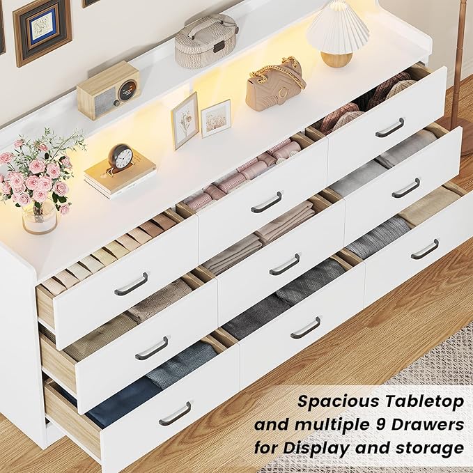 Bigbiglife 9 Drawer Dresser with Built in Power Outlet and LED Light, Modern Chest of Drawers for Bedroom, Triple Wide Drawer Organizer Cabinet for Living Room, Entryway, Hallway, Antique White
