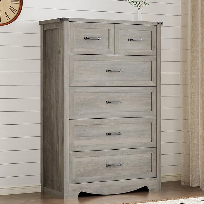 BORNOON Tall 6-Drawer Dresser for Bedroom, Modern Wooden Chest of Drawers with Metal Handles, Anti-Tipping Design, Sturdy and Stable Storage Organizer for Living Room, Entryway, Home Office