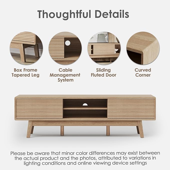 TOLEAD 59" TV Console, Mid Century Modern Media Console for 55/60/65 Inch TV, Low Profile TV Stand with Fluted Sliding Doors, Boho Light Wood Credenza for Living Room, Oak