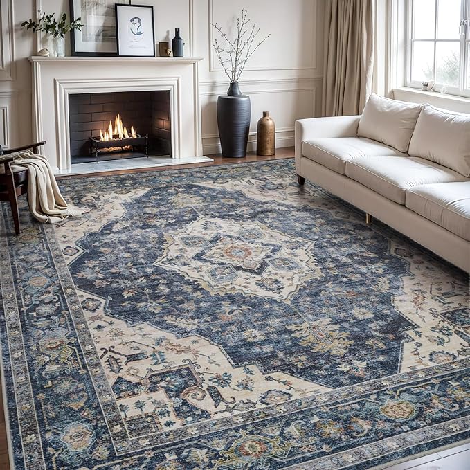 AMOAMI-Area Rug 6X9 Rugs for Living Room-Vintage Soft Blue Rugs for Bedroom-Non Slip Carpet-Machine Washable Rug for Dining Room Living Room Bedroom Office Under Table