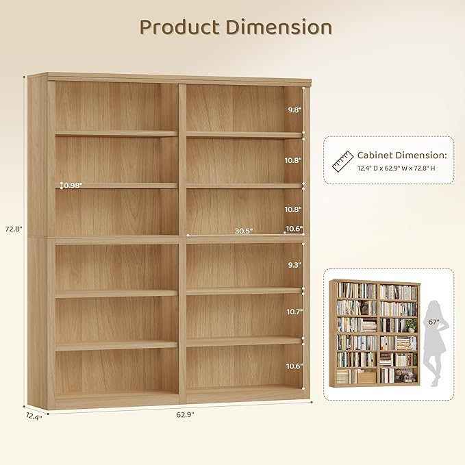 HOSTACK 63" W Open Book Shelf, 73" Tall Bookshelf with Storage, Modern Wood Bookshelf, Large Bookcase with 12 Display Shelves, 6 Tier Wooden Book Case for Living Room, Home Office, Library, Light Wood