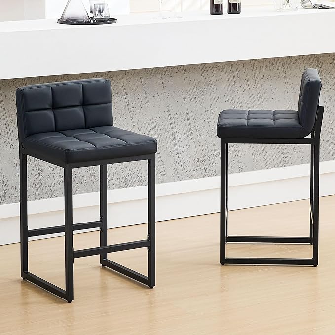 FIRAVOE Counter Height Bar Stools Set of 2, Modern Faux Leather Counter Stools with Low Back and Footrest, Upholstered Bar Chairs for Kitchen Island, Bar, Counter (Black, 2Pcs 26" Counter Stools)