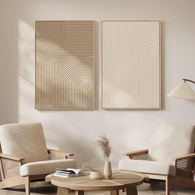 Large 3D Textured Framed Neutral Abstract Wall Art Set, 2 Piece Modern Minimalist Paintings Artwork for Walls, Beige Brown Geometric Line Pictures for Living Room Bedroom Hallway Wall Decor 24x36 In