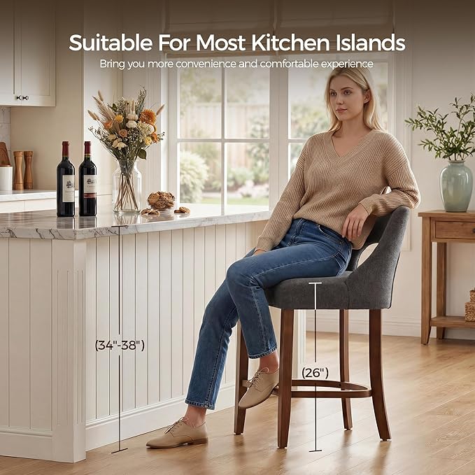 UVV Bar Stools Set of 4, Upholstered Counter Height Bar Stools, Modern Counter Stools with Wood Legs for Kitchen Island Dining Room Bar, Dark Grey