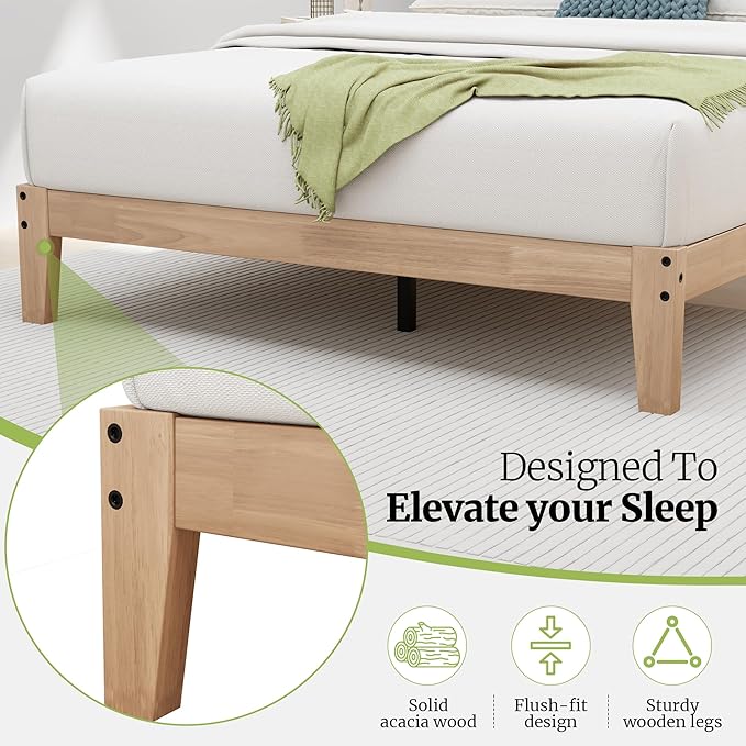 Awesofurni Twin XL Bed Frame with LED Lights, 12 Inch Solid Wood Platform Bed with Wooden Slats, Natural Finish, No Box Spring Needed, Noise Free - Easy Assembly