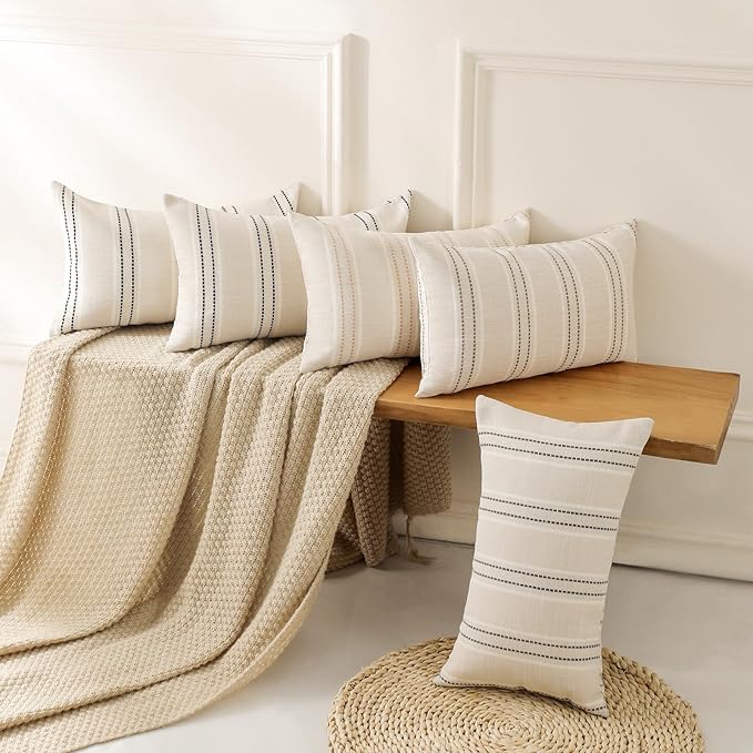 Hckot Throw Pillow Covers 12x20 Set of 2 Striped Pillow Covers Textured Linen Decorative Pillows Lumbar Cushion Covers for Sofa Couch Bed Living Room Farmhouse Decor, Black