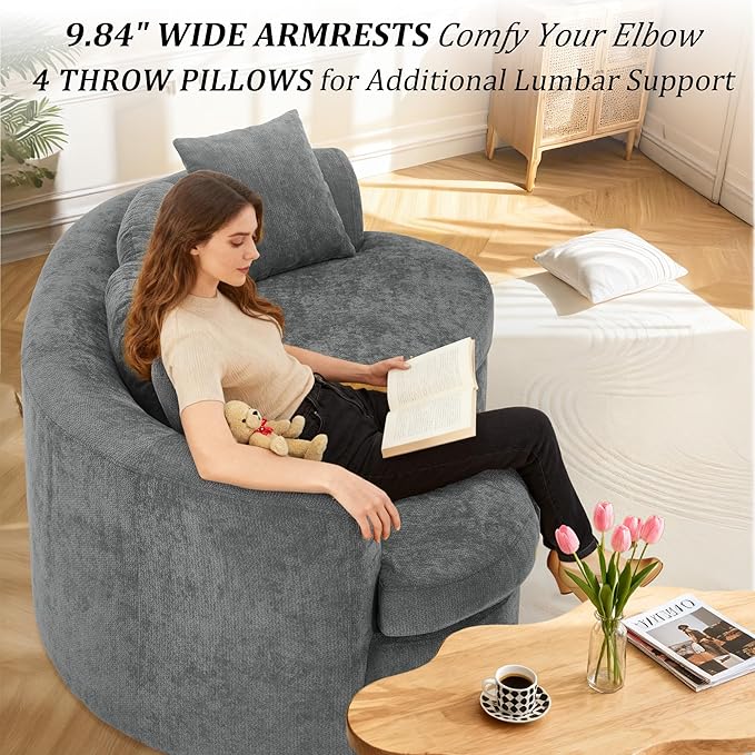 95” Modern Curved Sofa, Chenille Fabric Comfy Cloud Couch, No Assembly Required Half Moon Couch with Deep Seat, 4 Pillows for Living Room, Apartment, Bedroom