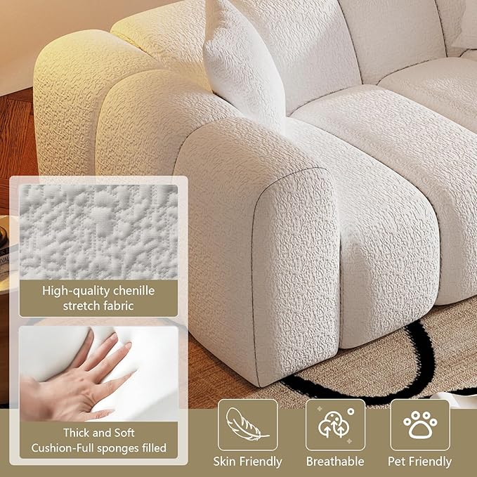 WHGBJA 70" Modern Chenille Fabric Sofa Couch – One-Piece Memory Foam 3-Seater Sofa with Rounded Arms, Soft & Cozy Upholstery for Living Room (White)