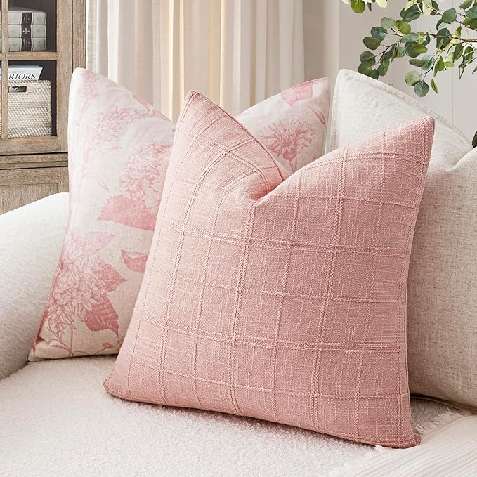 Foindtower Set of 2 Decorative Linen Check Throw Pillow Covers Neutral Farmhouse Vintage Cushion Covers Modern Boho Accent Home Decor for Sofa Chair Couch Bedroom Living Room,22×22 Inch,Light Pink