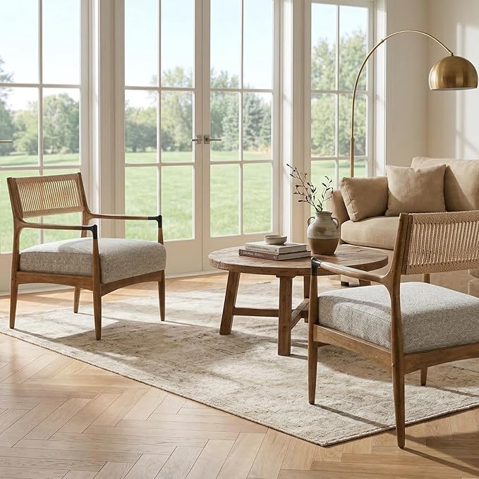 Ya-Home Mid-Century Modern Accent Chair with Woven Rope Back, Upholstered Linen Fabric Armchair with Solid Wood Frame for Living Room Bedroom, 1PC, Patterned