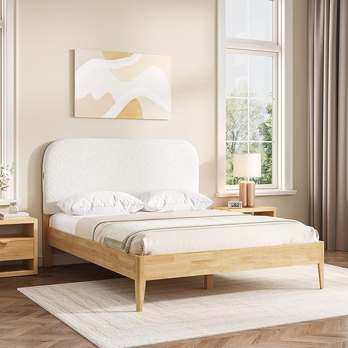 KISLOT Wood Bed Frame with USB & Type-C Charging, Boucle Platform Bed with Upholstered Headboard Mattress Foundation No Box Spring Needed Easy Assembly
