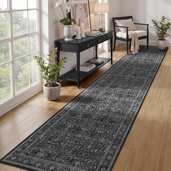 Dark 2x10 Rug Runners for Hallways Non Slip, Long Kitchen Runner Rugs Non Skid Washable, Vintage Famrhouse Low Pile Thine Carpet Runners for Entryway Corridor Mudroom Foyer, Midnight