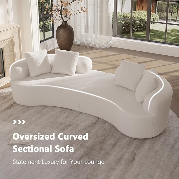 106.7" Modern Curved Oversized Sectional Sofa, Minimalist Modular Cloud Couch with 4 Throw Pillows, Luxury 4-Seater Extra Deep & Wide Seat Sofa in Soft Teddy Fabric, Cream White