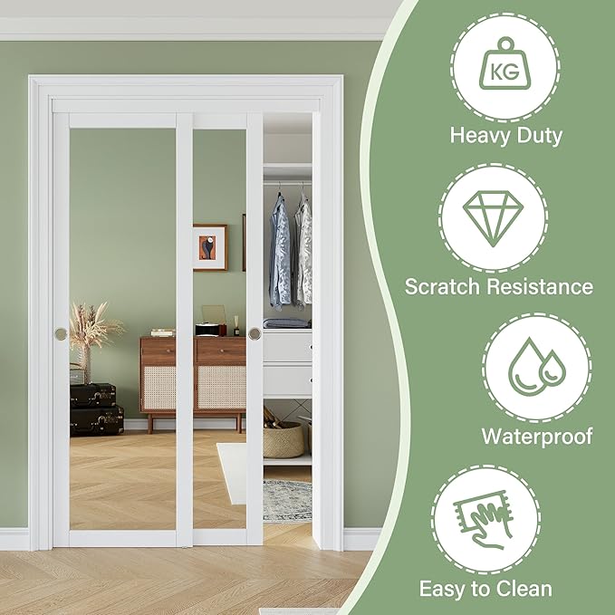 72" x 80" Sliding Closet Door, 1-Lite One-Side Mirror Bypass Door Panel with Hardware Track Kit & Floor Guide, Solid Wood Slab Pre-Assembled with PVC Surface, Silver Round Handle