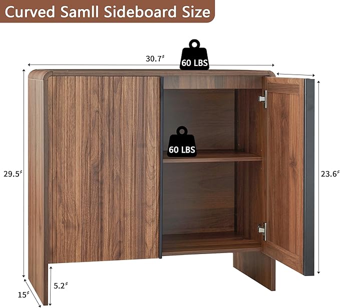 Bifins 31.5” Fluted Sideboard Buffet Cabinet with Storage,Mid Century Modern Small Wood Storage Cabinet with Arched Profile for Dining Room Kitchen Living Room (Brown 2pcs)