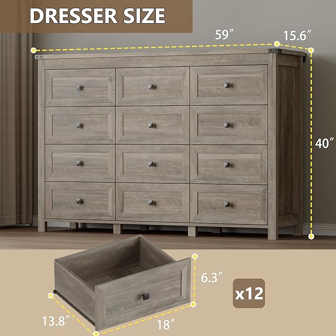 BORNOON 12-Drawer Dresser, Modern Wooden Storage Chest of Drawers, Dresser TV Stand, Wood Drawer Organizer with Metal Handles for Bedroom, Living Room, Hallway