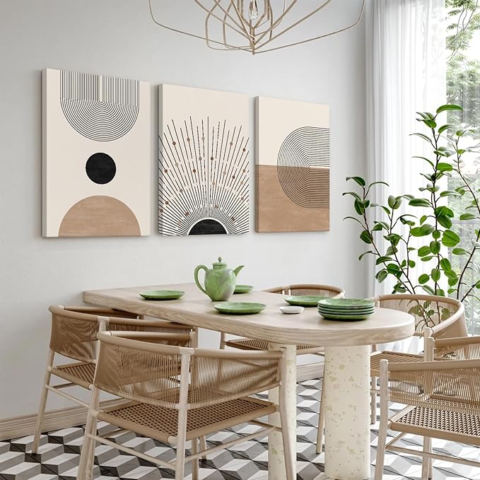 Mid Century Modern Wall Art Set of 3 Neutral Boho Art Prints Abstract Geometric Wall Art Picture Black Beige Terracotta Minimalist Painting Canvas Artwork for Living Room Bedroom 16x24 Inch Wrapped Canvas