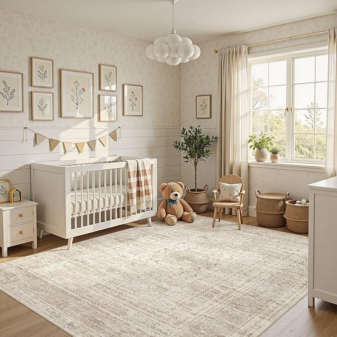Nakagishi 8x10 Area Rugs Living Room: Washable Large Vintage Rug Neutral Non-Slip Soft Stain Resistant Indoor Carpet for Bedroom Nursery Dining Room Office Playroom - Beige Gray