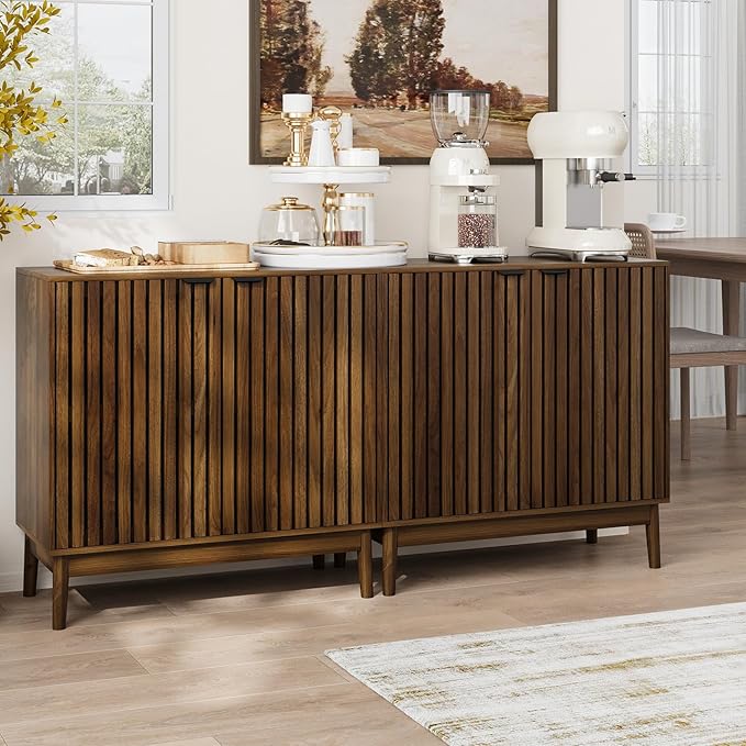 Kiasthome Wooden Sideboard Buffet Cabinet with Slatted Ventilation Doors & Adjustable Shelf, Sideboard Cabinet Storage Cabinet with Ample Storage for Dining Room Entryway (Walnut)