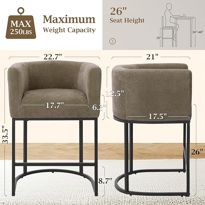 ClinQ 26" H Counter Height Bar Stools Set of 2, Modern Barrel Counter Stools with Backrest and Arms, Black Metal Frames, Chenille Fabric Upholstered Accent Barstools for Kitchen Island, Brown