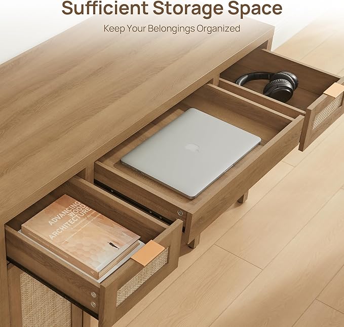 SICOTAS Home Office Desk with Storage - Rattan Executive Desk with Drawers and Cabinets, Farmhouse Large Computer Writing Table for Study, Office, Living Room, Oak (2 Pieces)