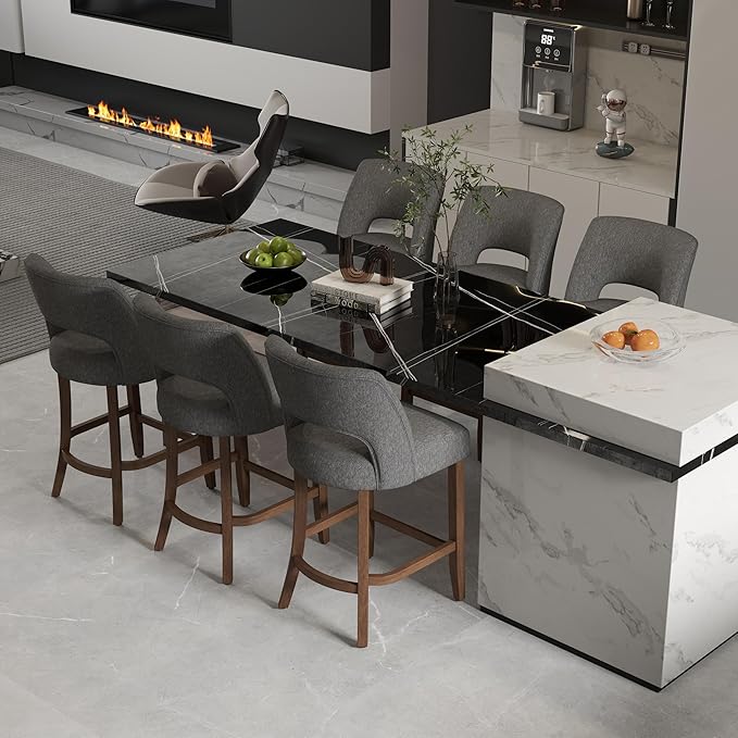VKNOW Bar Stools Set of 2, 26" Upholstered Counter Height Bar Stools, Modern Counter Stools with Wood Legs for Kitchen Island Dining Room Bar, Charcoal