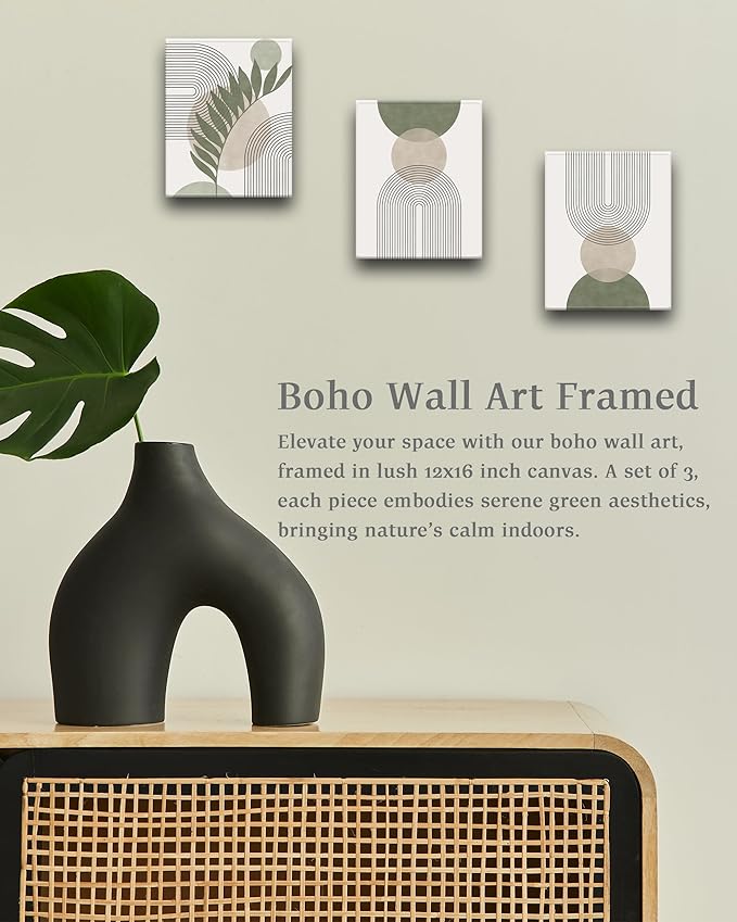 30x40CM Sage Green Boho Wall Art,Framed Canvas Bathroom Wall Art Pictures, Mid-Century Modern Wood Framed Abstract Prints for Bedroom,Minimalist Office Wall Decor 3Pack