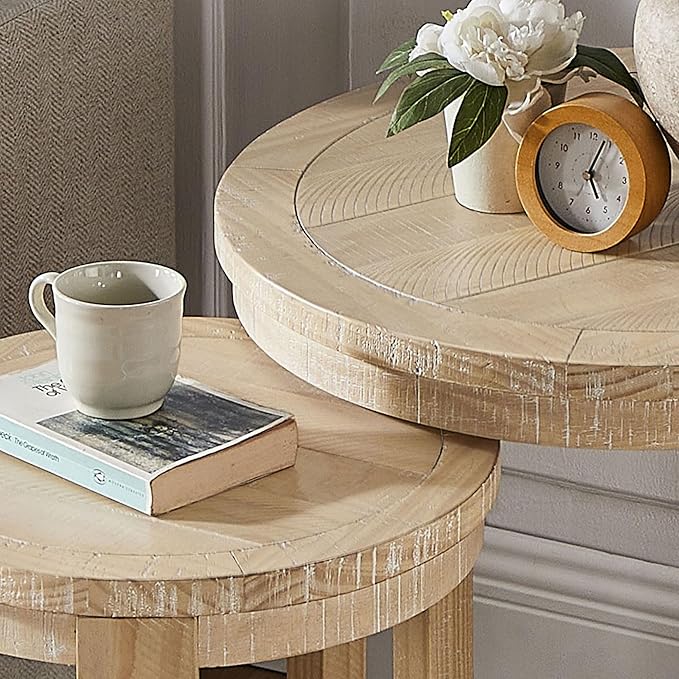 WILLIAMSPACE 24" Round Nesting Coffee Table Set of 2, Solid Wood Coffee Tables Mid Century Rustic Farmhouse Side End Tea Table for Living Room, Apartment (Oak)