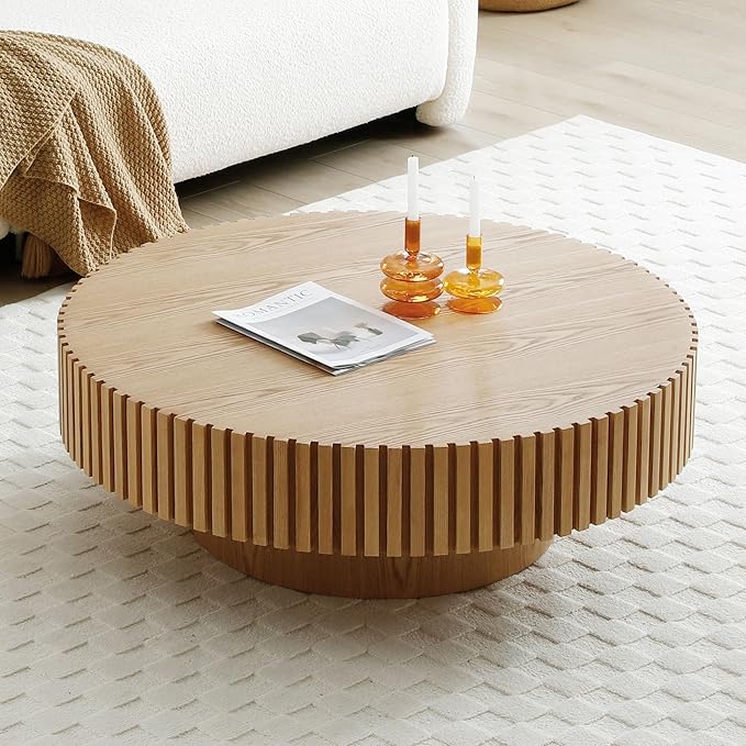 31.49" Round Coffee Table Wood, Modern Drum Fluted Oak Coffee Table for Living Room, Contemporary Minimalist Low Circle Center Table Side Table for Apartment, Farmhouse, Office Natural Ash